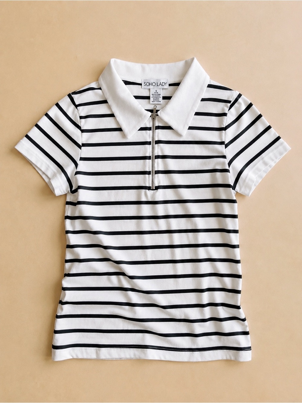 SOHO LADY Women's White & Black Striped Polo Zip Tee